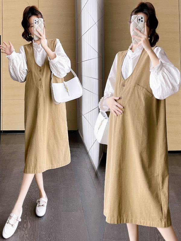 Maternity Frilled Button-Front Stand-Collar Long-Sleeve Blouse & Sleeveless V-Neck Midi Dress
