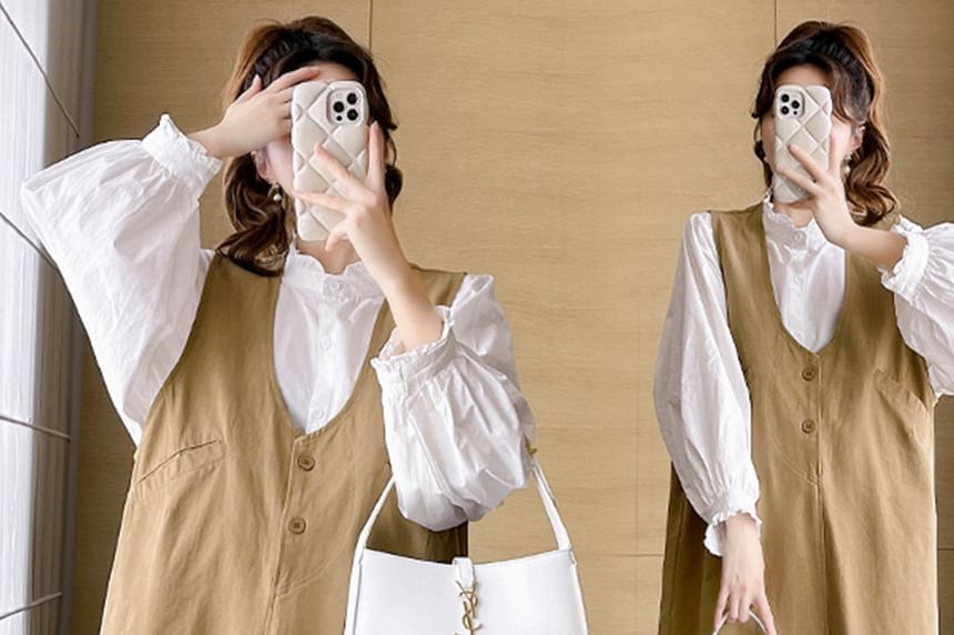 Maternity Frilled Button-Front Stand-Collar Long-Sleeve Blouse & Sleeveless V-Neck Midi Dress
