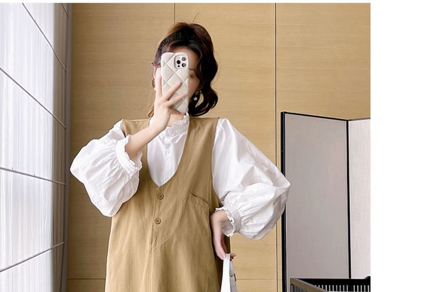 Maternity Frilled Button-Front Stand-Collar Long-Sleeve Blouse & Sleeveless V-Neck Midi Dress