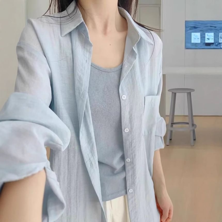Long-Sleeved Plain Linen Button-Down Shirt