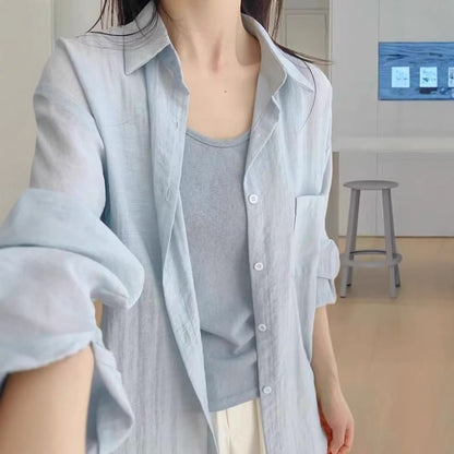 Long-Sleeved Plain Linen Button-Down Shirt