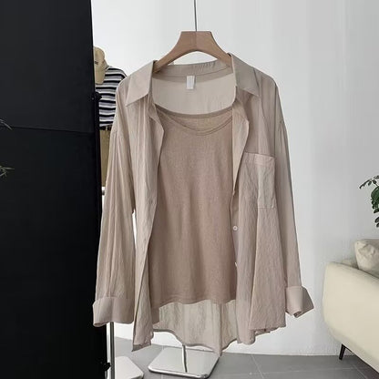 Long-Sleeved Plain Linen Button-Down Shirt