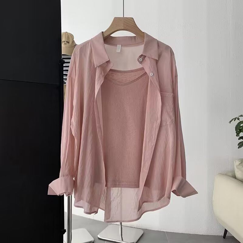 Long-Sleeved Plain Linen Button-Down Shirt