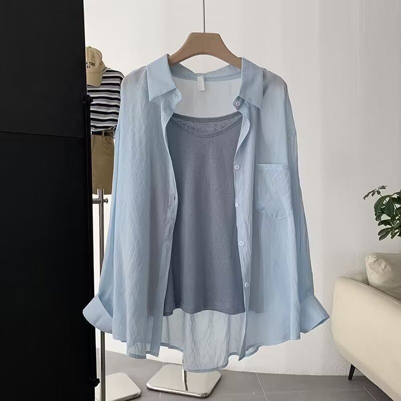 Long-Sleeved Plain Linen Button-Down Shirt