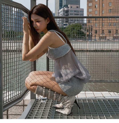 Mesh Camisole Top with Ruffle Panel