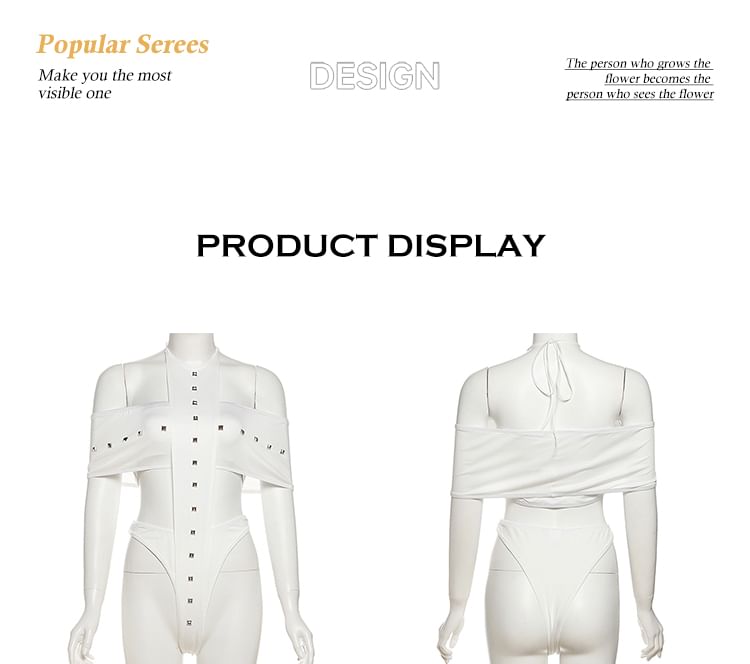 Cold-Shoulder Studded Panel Short-Sleeve Bodysuit & Low-Rise Shorts Set