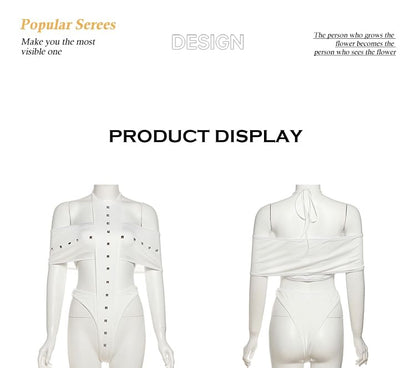 Cold-Shoulder Studded Panel Short-Sleeve Bodysuit & Low-Rise Shorts Set