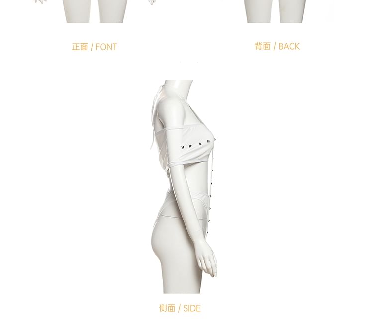 Cold-Shoulder Studded Panel Short-Sleeve Bodysuit & Low-Rise Shorts Set