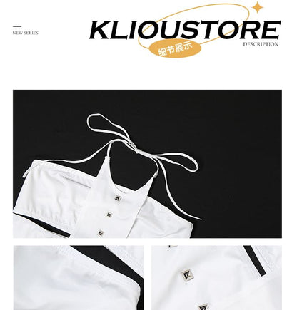 Cold-Shoulder Studded Panel Short-Sleeve Bodysuit & Low-Rise Shorts Set
