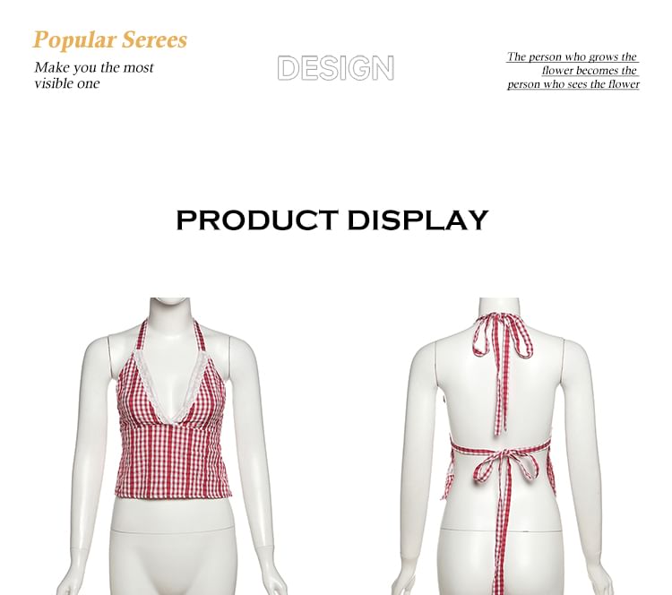 Plaid Halter Top with V-Neckline