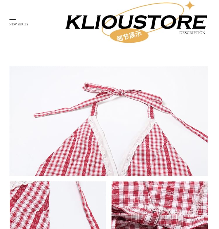 Plaid Halter Top with V-Neckline