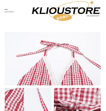 Plaid Halter Top with V-Neckline