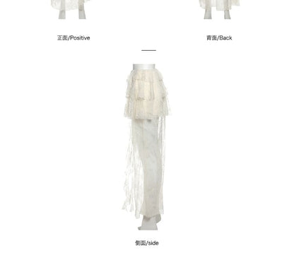 Off-Shoulder Plain Crop Top & Mid-Rise Lace Maxi Skirt Set