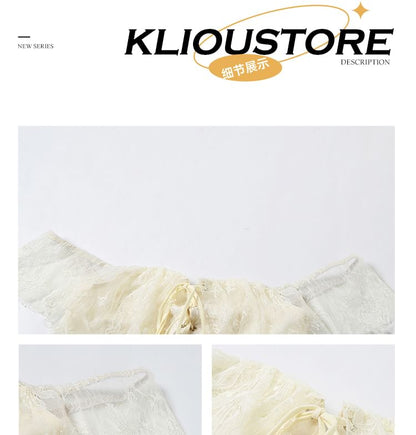 Off-Shoulder Plain Crop Top & Mid-Rise Lace Maxi Skirt Set