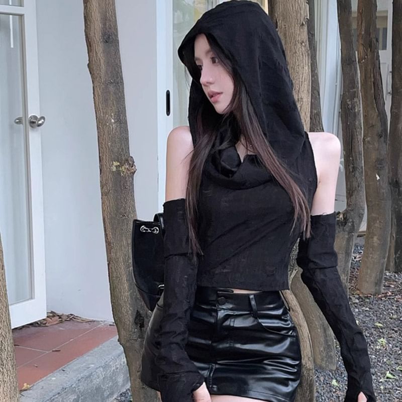 Distressed Cowl-Neck Hooded Crop Tank & Arm Sleeves Set