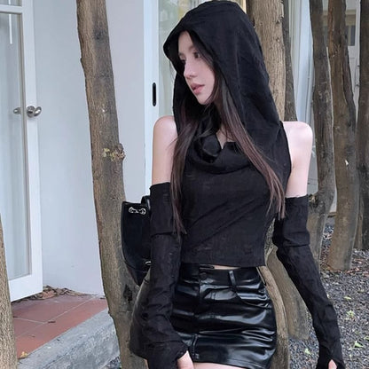 Distressed Cowl-Neck Hooded Crop Tank & Arm Sleeves Set