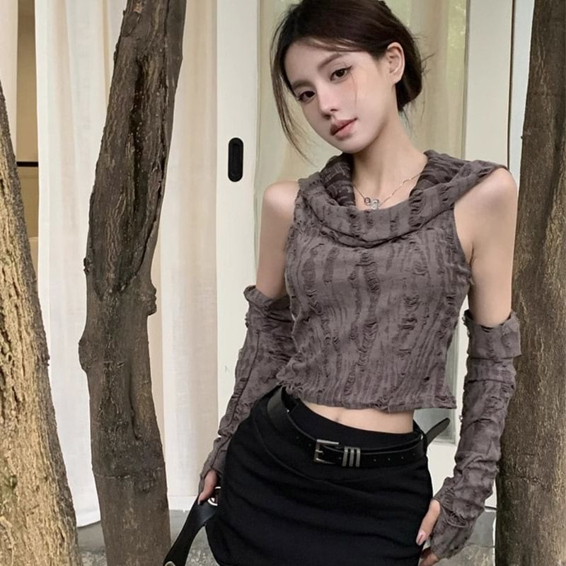Distressed Cowl-Neck Hooded Crop Tank & Arm Sleeves Set