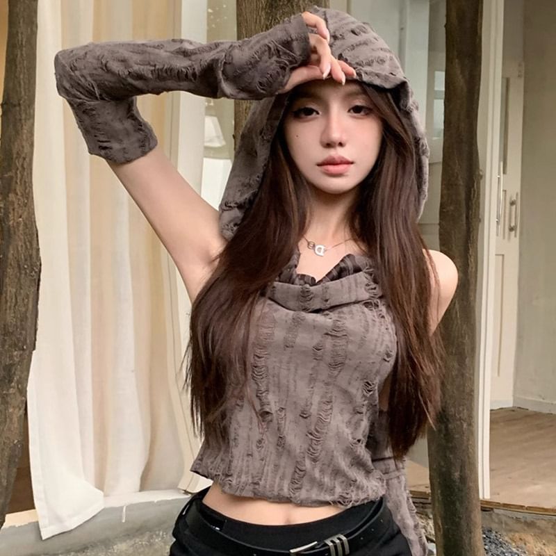 Distressed Cowl-Neck Hooded Crop Tank & Arm Sleeves Set