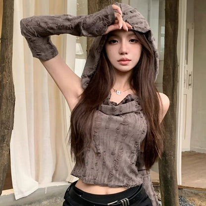 Distressed Cowl-Neck Hooded Crop Tank & Arm Sleeves Set
