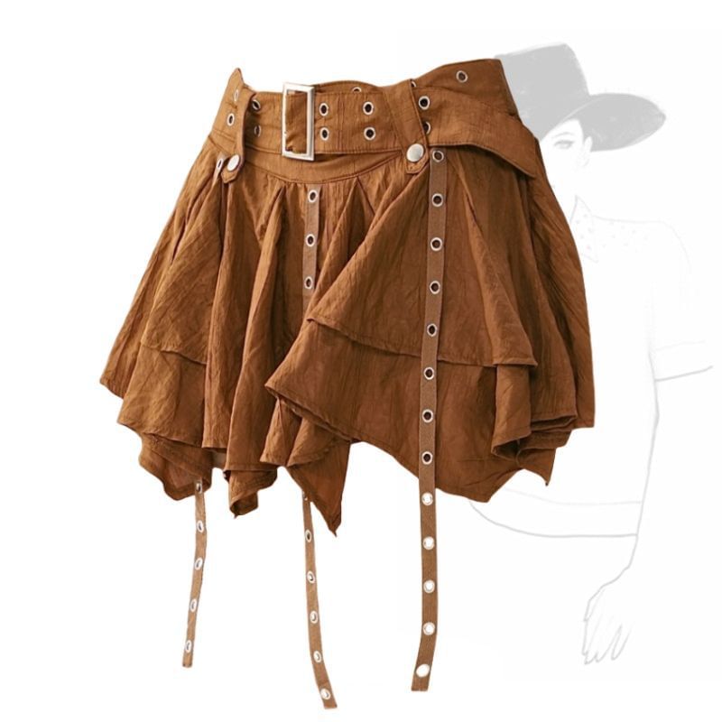 Asymmetrical Grommet Tiered Mini A-Line Skirt & Ribbed Crop Cami Set