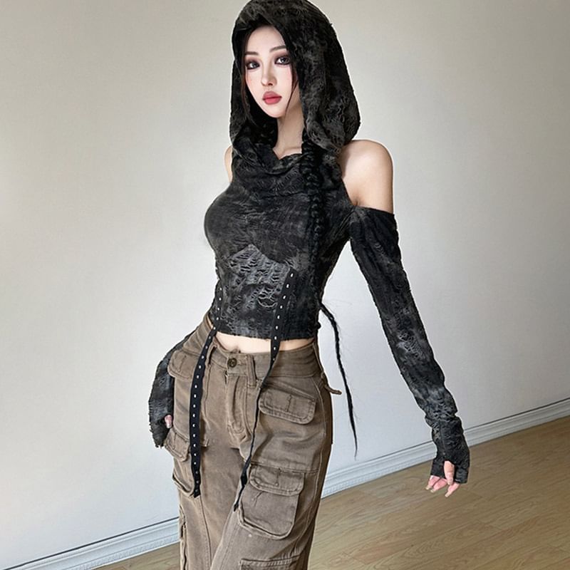 Tie-Dye Distressed Cowl-Neck Cold-Shoulder Hooded Crop Slim Tee Long-Sleeve