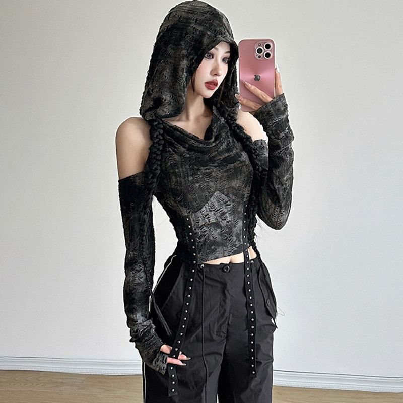 Tie-Dye Distressed Cowl-Neck Cold-Shoulder Hooded Crop Slim Tee Long-Sleeve