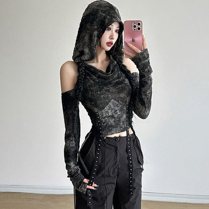 Tie-Dye Distressed Cowl-Neck Cold-Shoulder Hooded Crop Slim Tee Long-Sleeve