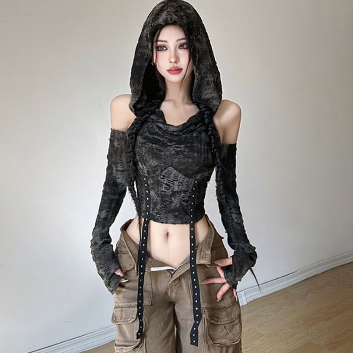 Tie-Dye Distressed Cowl-Neck Cold-Shoulder Hooded Crop Slim Tee Long-Sleeve