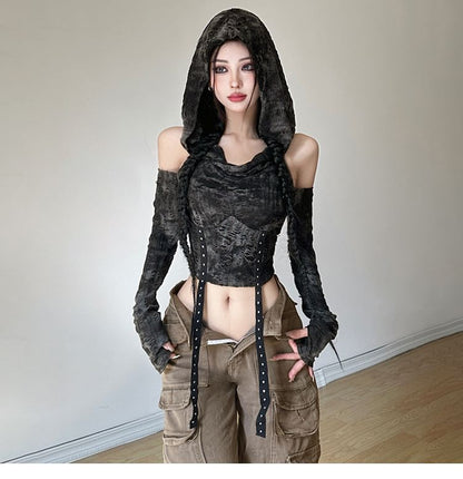 Tie-Dye Distressed Cowl-Neck Cold-Shoulder Hooded Crop Slim Tee Long-Sleeve