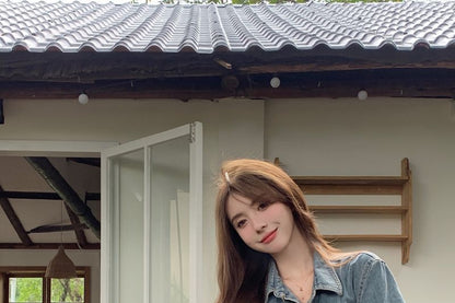 Fringed Denim Button Jacket with Short Sleeves and Collar