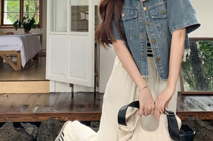 Fringed Denim Button Jacket with Short Sleeves and Collar