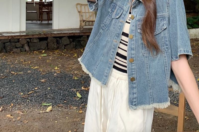 Fringed Denim Button Jacket with Short Sleeves and Collar