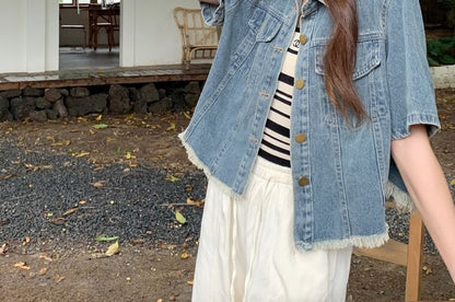 Fringed Denim Button Jacket with Short Sleeves and Collar