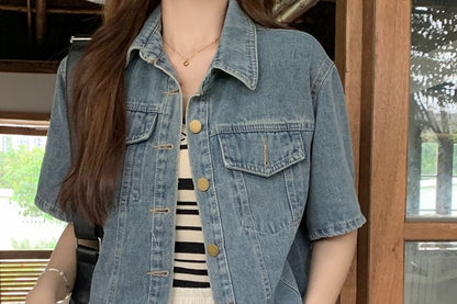 Fringed Denim Button Jacket with Short Sleeves and Collar