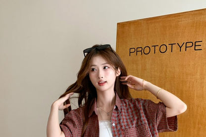 Short-Sleeved Plaid Shirt with Pocket Detail
