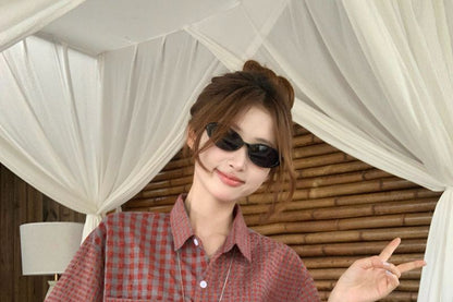 Short-Sleeved Plaid Shirt with Pocket Detail