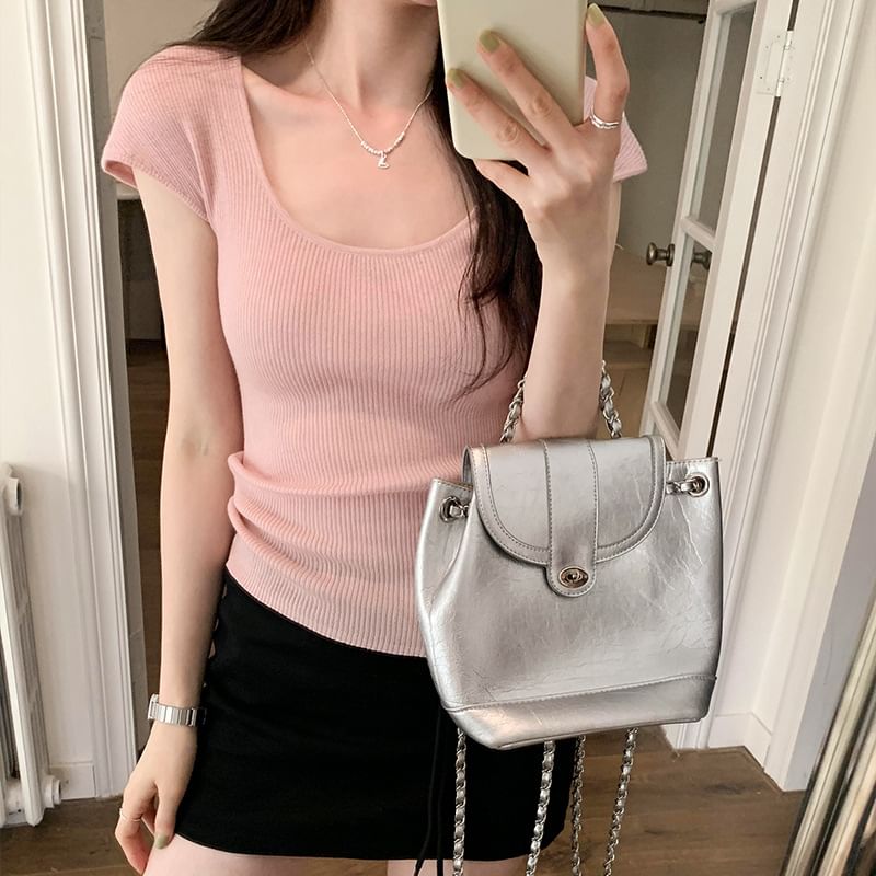 Neck Plain Scoop Top Cap-Sleeve Knit