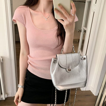 Neck Plain Scoop Top Cap-Sleeve Knit