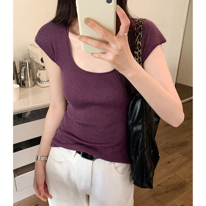 Neck Plain Scoop Top Cap-Sleeve Knit