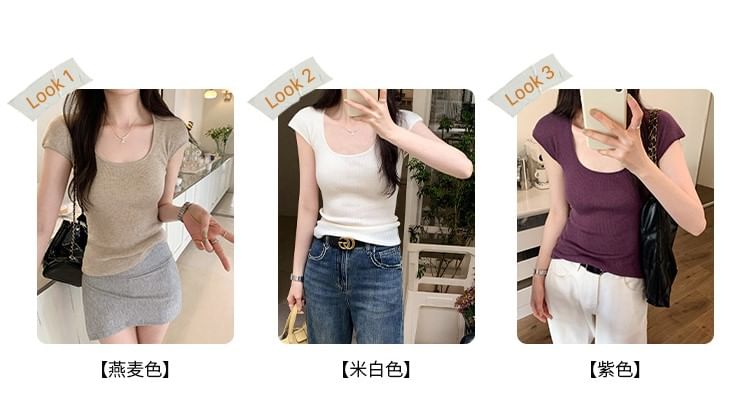 Neck Plain Scoop Top Cap-Sleeve Knit