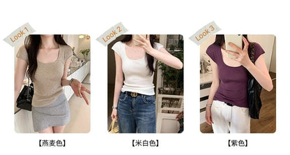 Neck Plain Scoop Top Cap-Sleeve Knit