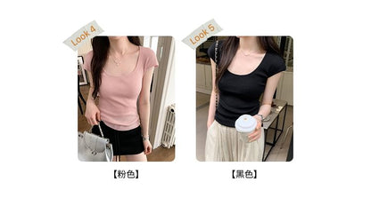 Neck Plain Scoop Top Cap-Sleeve Knit