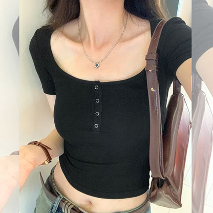 Scoop Plain Short-Sleeve Top Neck Henley Crop