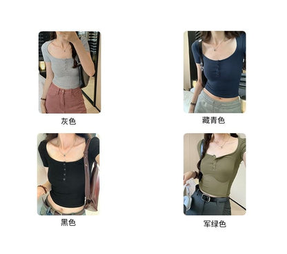 Scoop Plain Short-Sleeve Top Neck Henley Crop