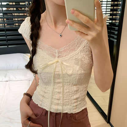 Top Crop V-Neck Cap-Sleeve Lace
