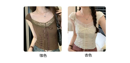 Top Crop V-Neck Cap-Sleeve Lace
