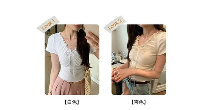 Short-Sleeve V-Neck Top Lace Crop