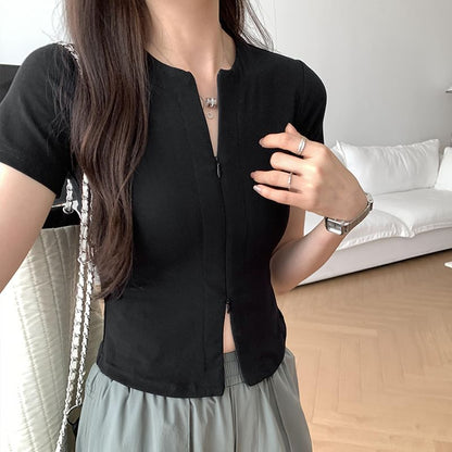 Knit Top Plain Zip-Up Short-Sleeve