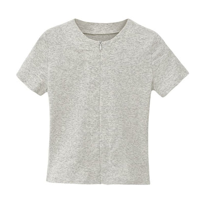 Knit Top Plain Zip-Up Short-Sleeve