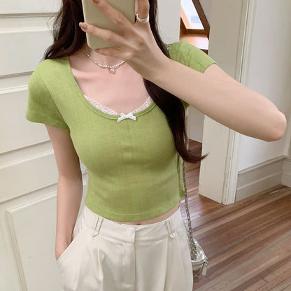 Top Scoop Neck Short Sleeve Crop Lace Trim